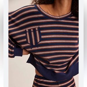 Free People Making It Happen Striped Pullover Too Brown and Navy Large